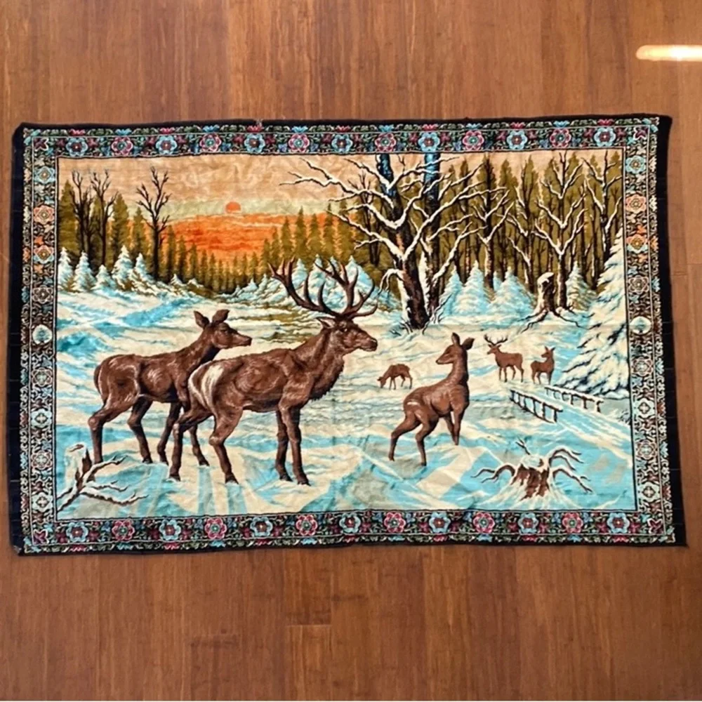 Tapestry Deer Winter Scene Wall Hanging Carpet Size 75 X49